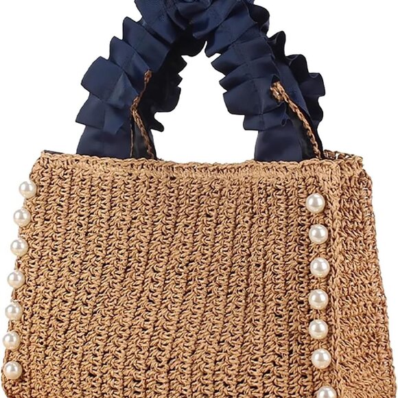 Straw Tote Bag Women Pearls Woven Handbag Summer Beach Travel Purse - Picture 1 of 9
